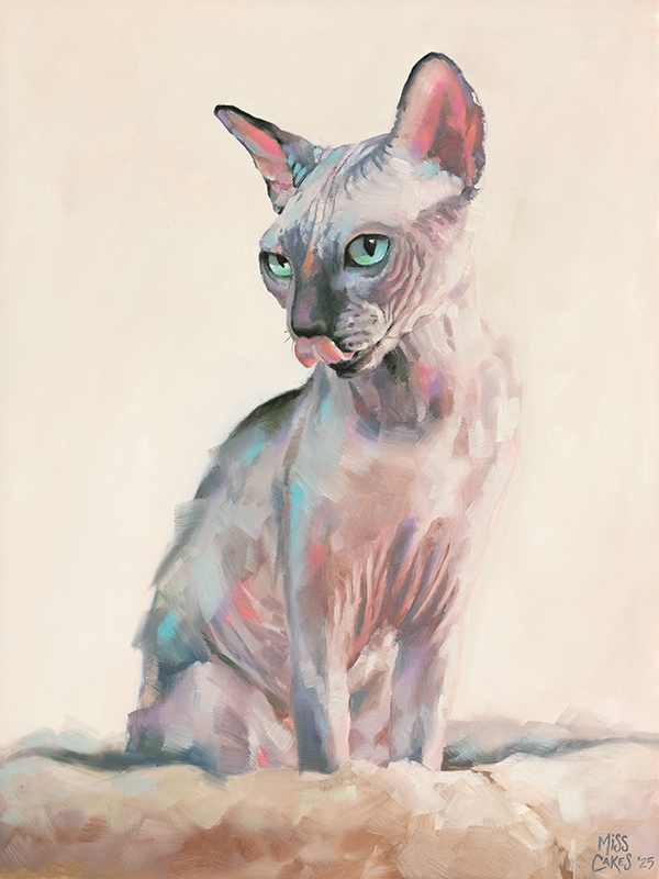 Painting of a Sphynx cat with blue eyes sitting on a surface, with a neutral background.