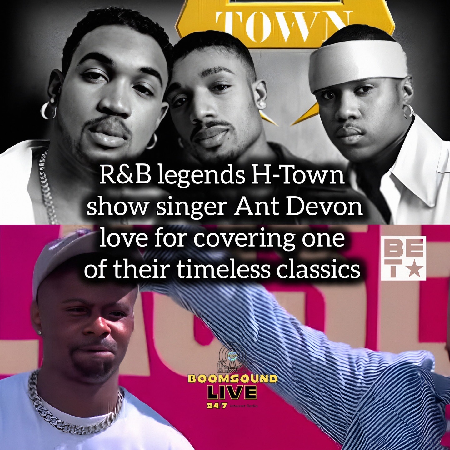 Three men with one in a striped shirt and two in white, posing in front of a pink background, with text overlay.