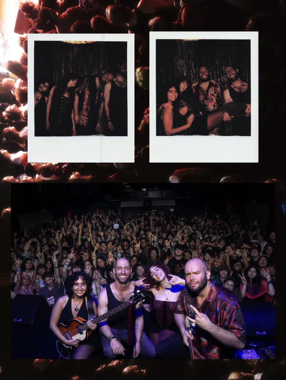 Two Polaroid photos of people, one with a group of five, the other with three, against a dark background. A large crowd is below.