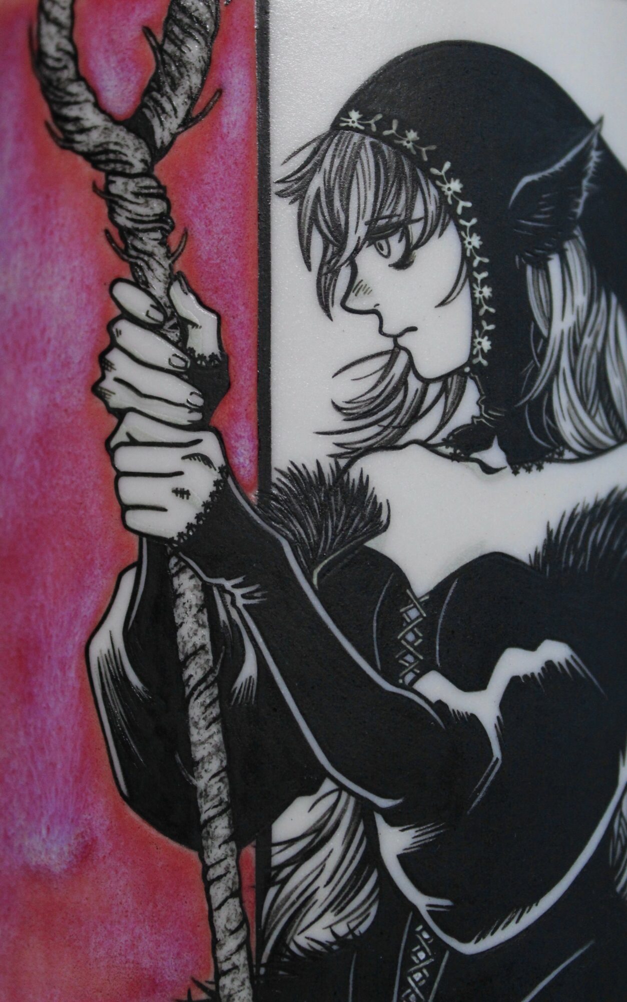 A black and white illustration of a person with long hair, wearing a hat, holding a twisted rope, with a pink background.