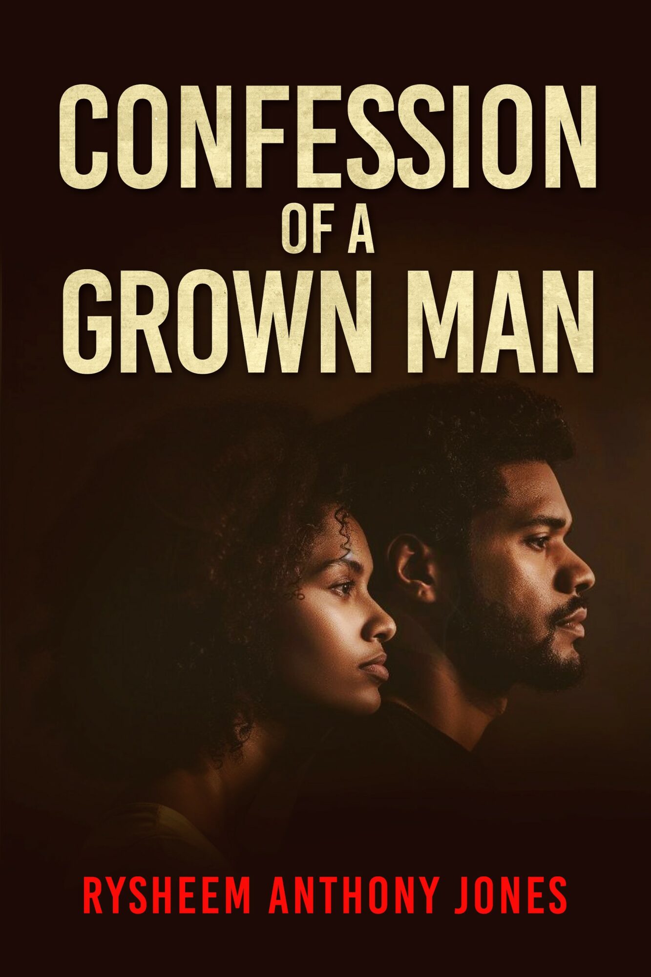 Book cover with title and author, featuring side profiles of a woman and a man against a dark background.