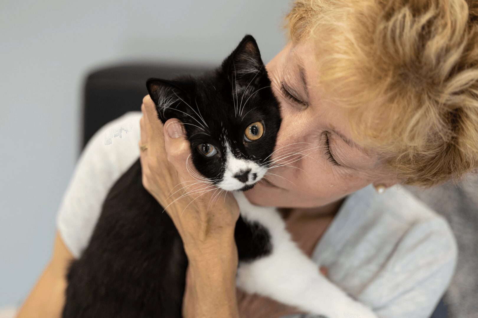 Person holding and kissing a black and white cat, close-up of face and upper body, neutral background