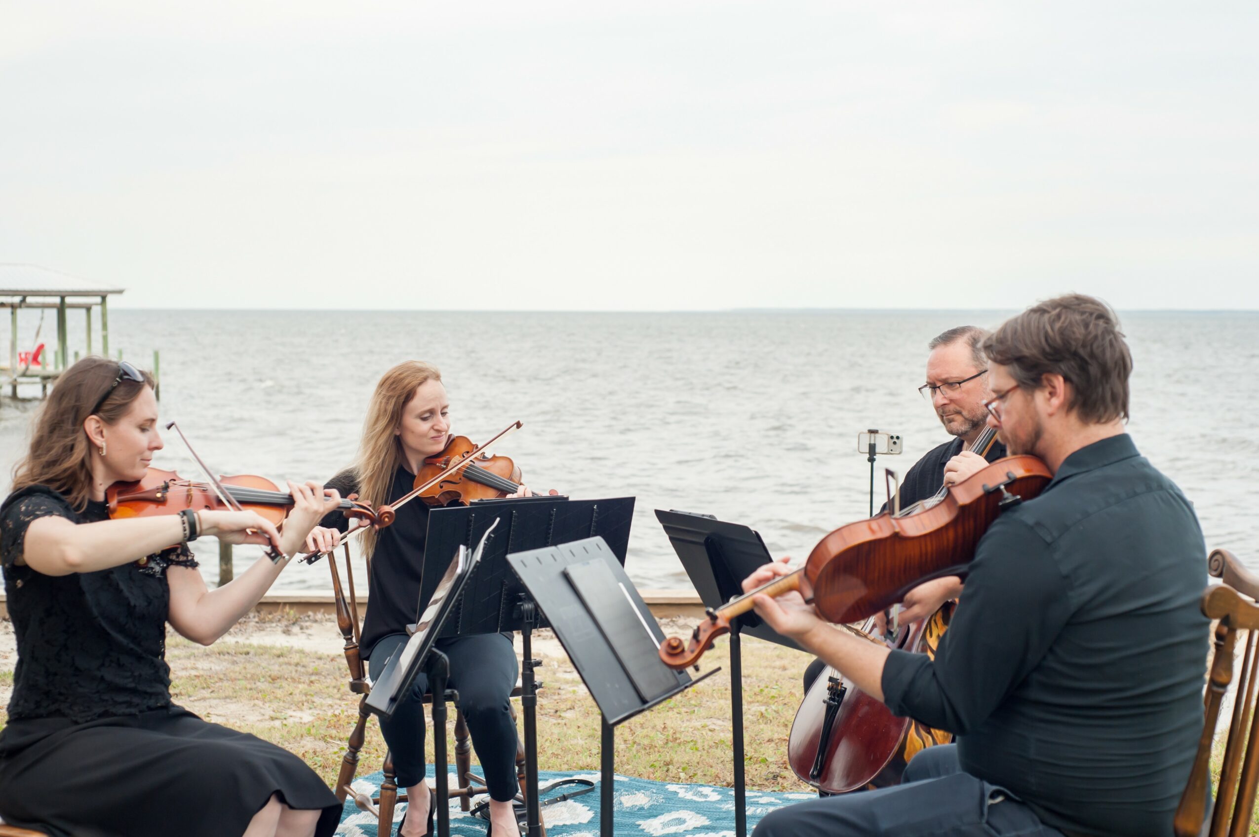 Four musicians playing string instruments outdoors near water, with music stands and a cloudy sky.
