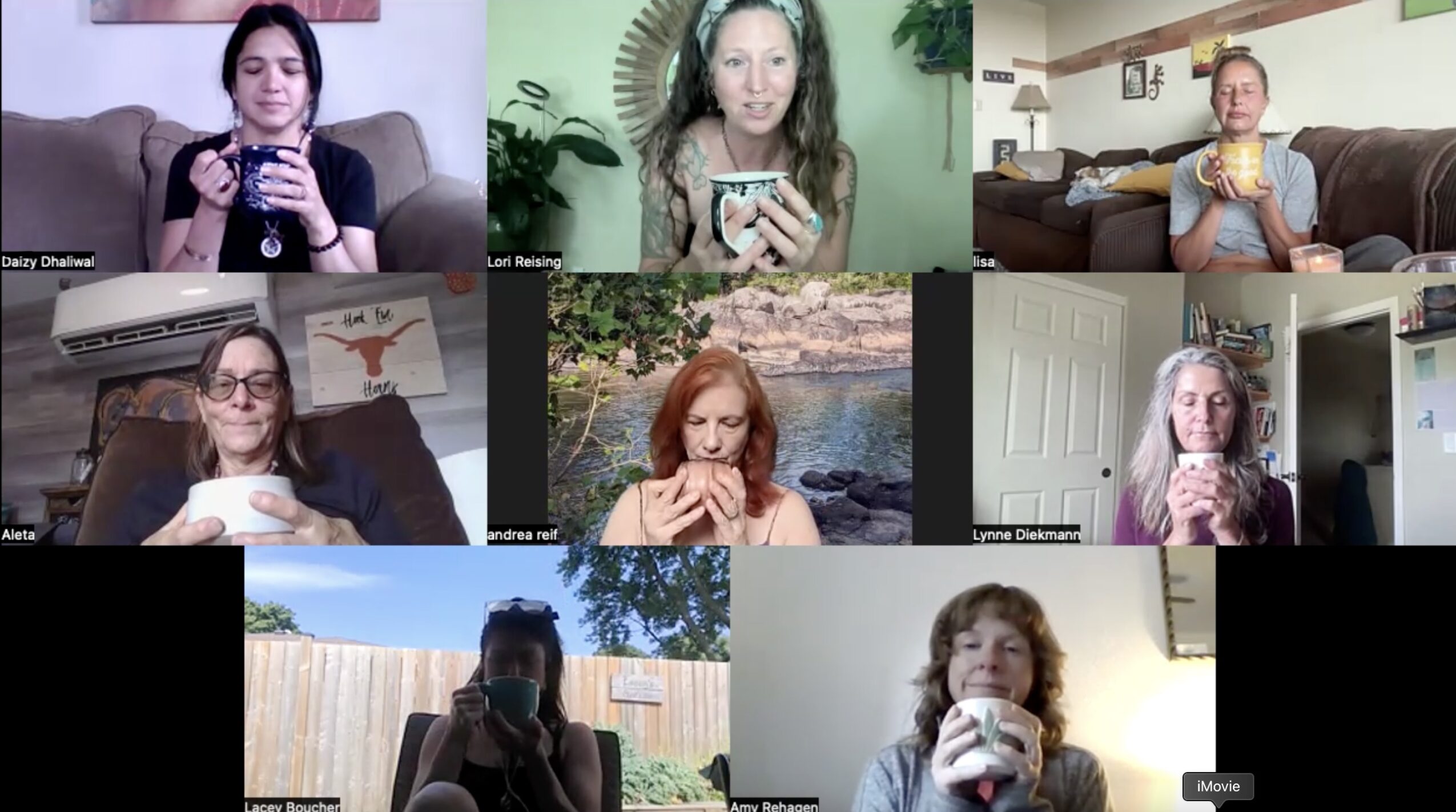 Nine people in a video call, some holding cups or mugs, in various indoor and outdoor settings.