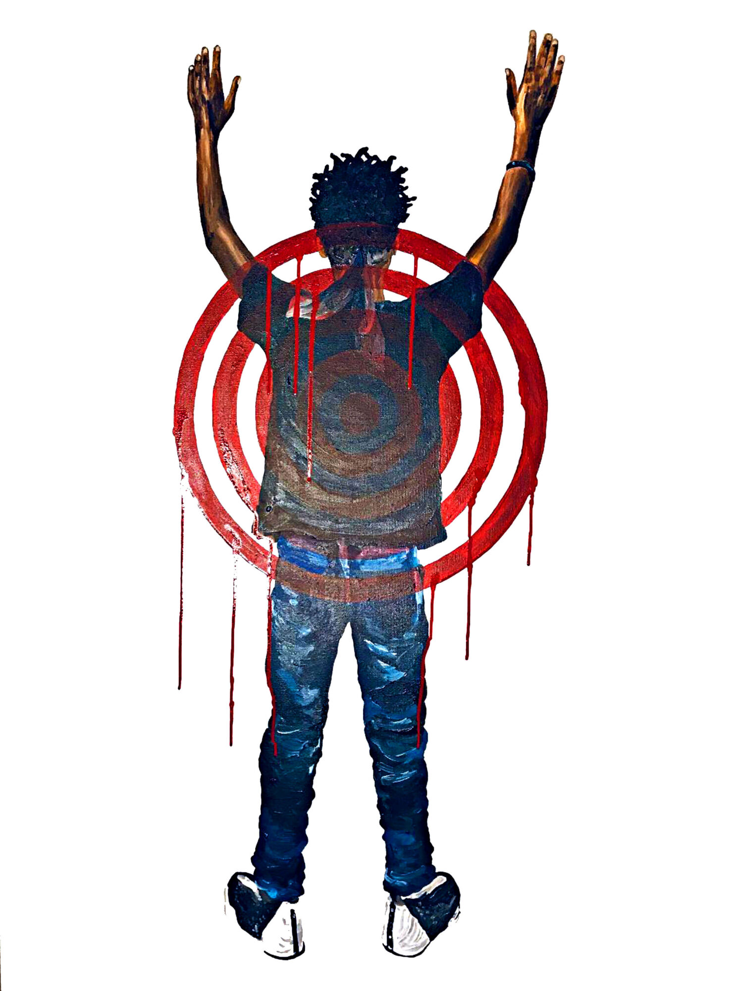 Person with arms raised, standing in front of a red target, with paint drips on clothing and background, facing forward.