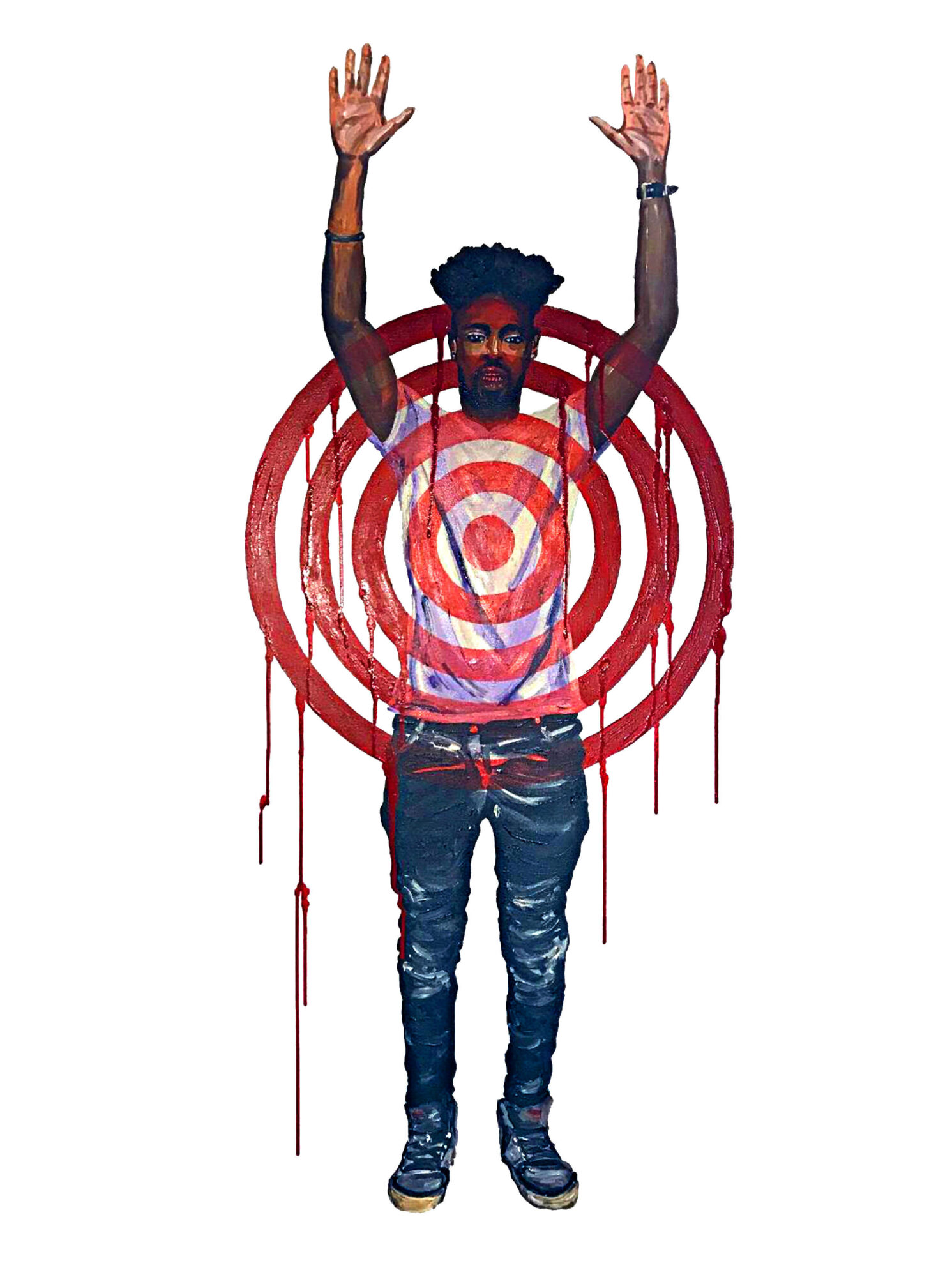 Person standing with arms raised in front of a target with concentric circles, red paint dripping down, wearing jeans and a striped shirt.