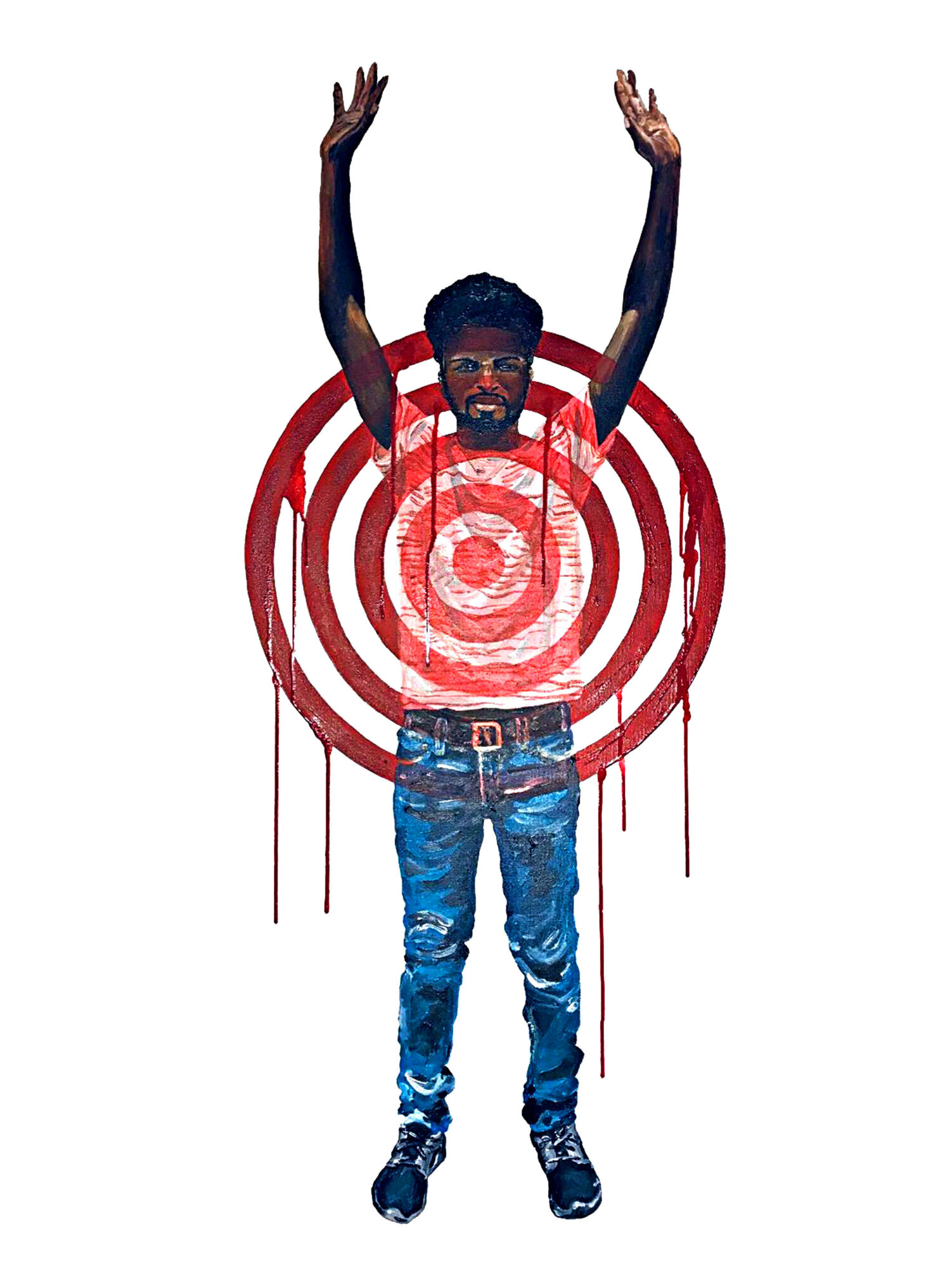 Person standing with arms raised, target graphic on torso, red concentric circles, and paint drips, against a white background.