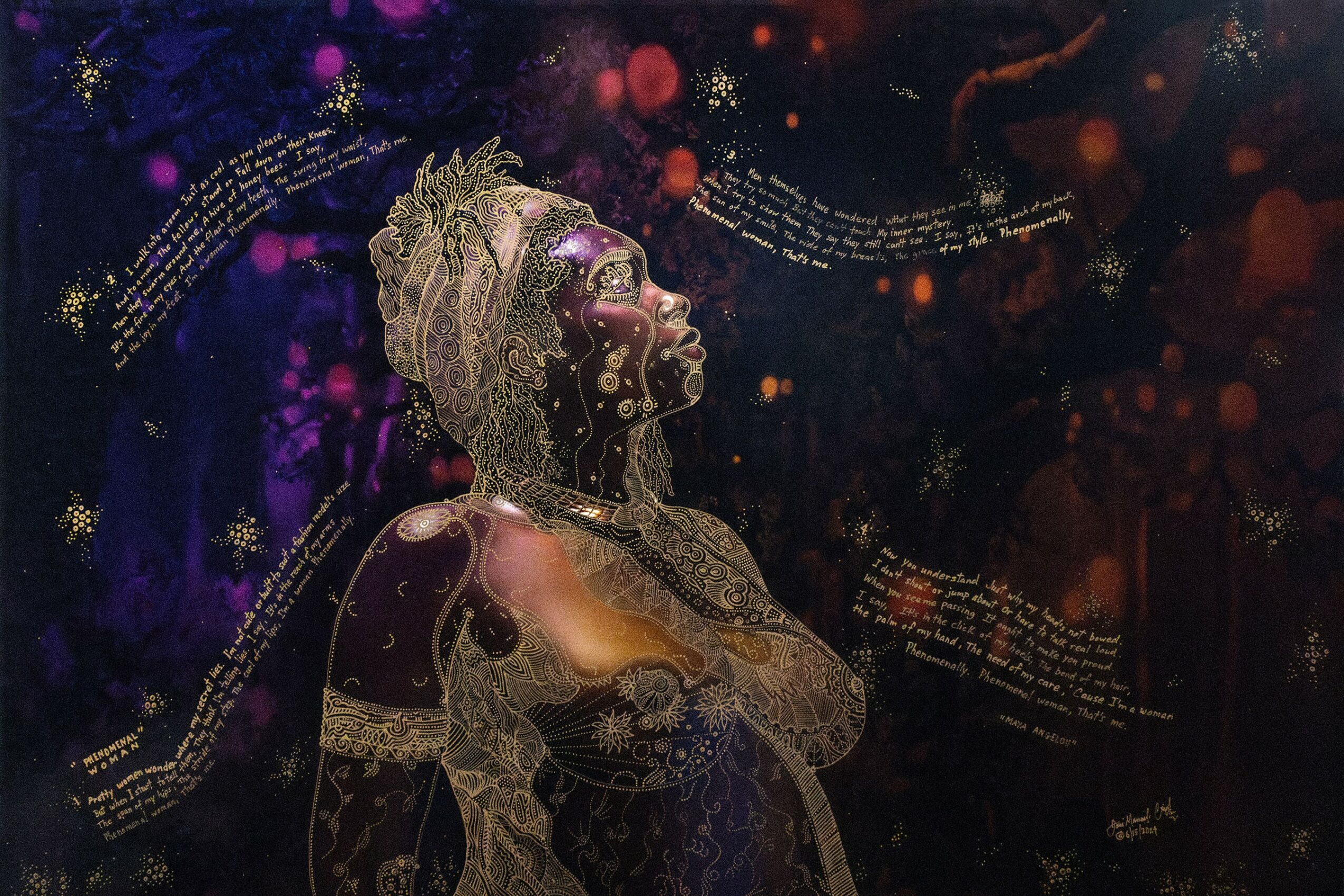 Portrait of a woman with a headwrap, surrounded by musical notes and colorful abstract background.