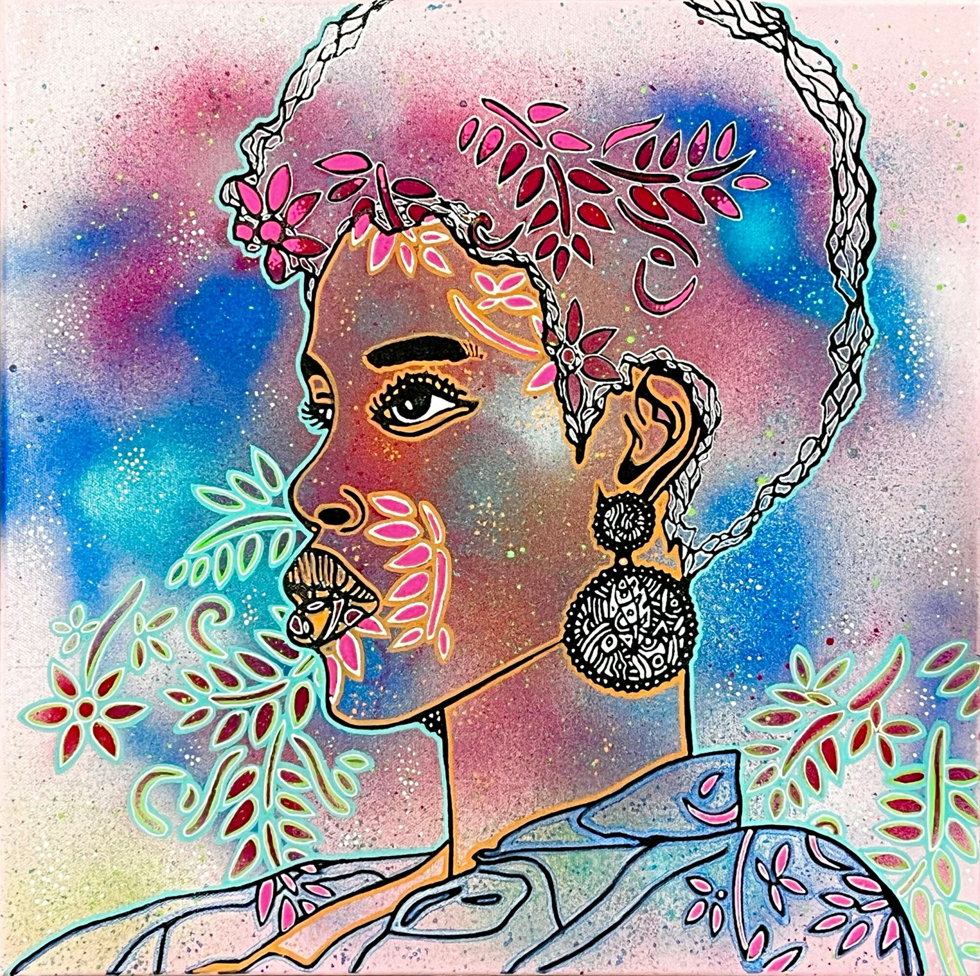 Colorful portrait of a woman with floral and leaf patterns, vibrant background, and large earrings.
