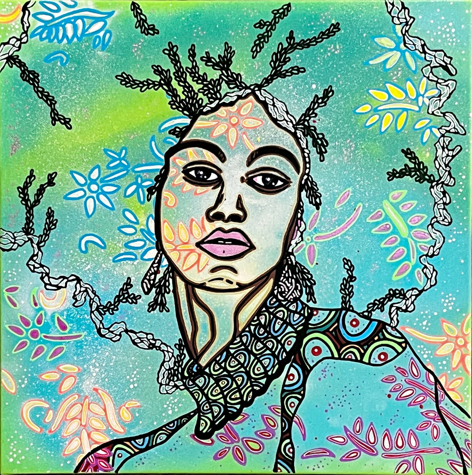 Portrait of a woman with intricate hair and colorful floral patterns on her face and clothing, set against a vibrant background.