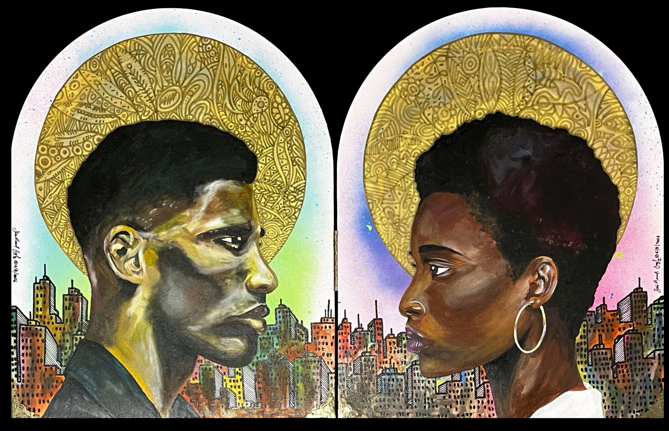 Two side-profile portraits of Black individuals with golden halos, cityscape background, vibrant colors, and detailed artwork.