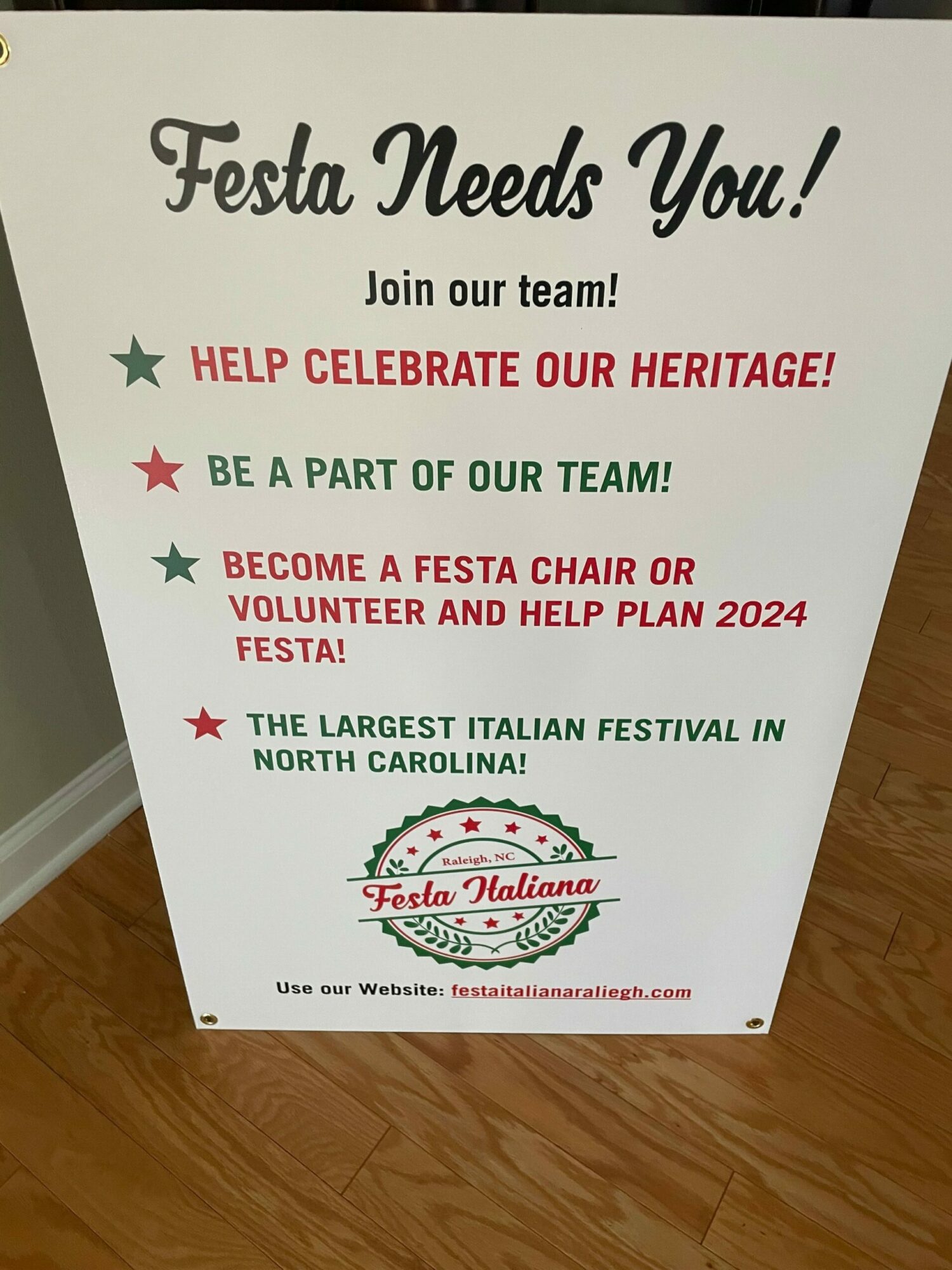 Event poster with text about Italian festival, celebration, and team participation, featuring a logo at the bottom.