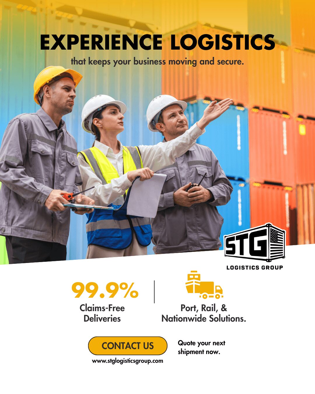 Three workers in safety gear inspecting cargo containers at a logistics site, with text about experience logistics and contact info.