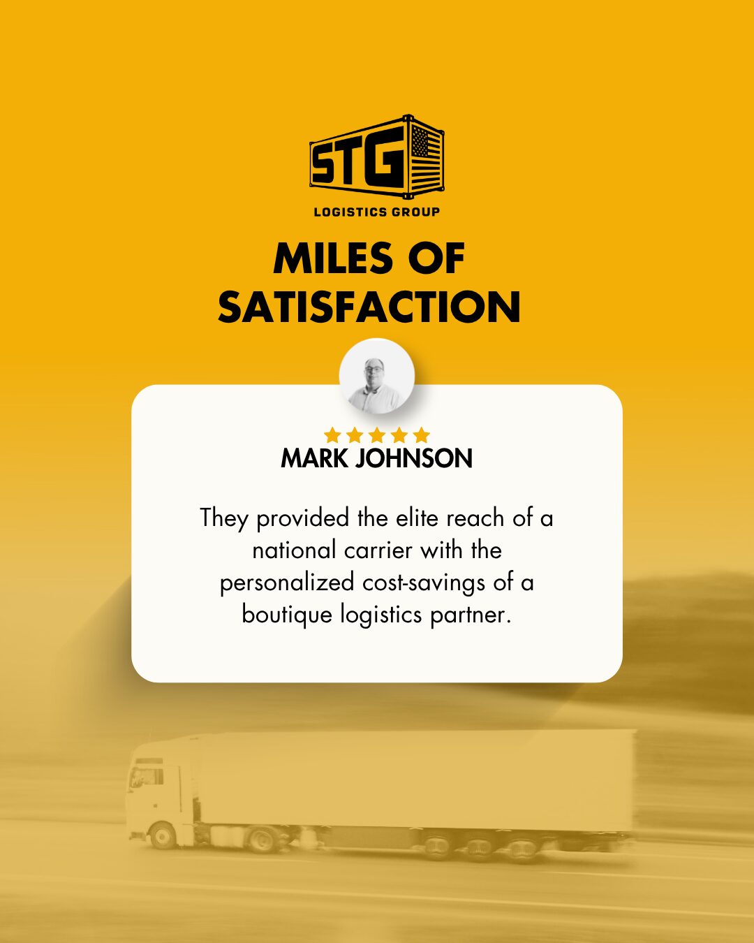 Certificate with gold background, logo, and text praising Miles of Satisfaction and Mark Johnson, with a truck at the bottom.