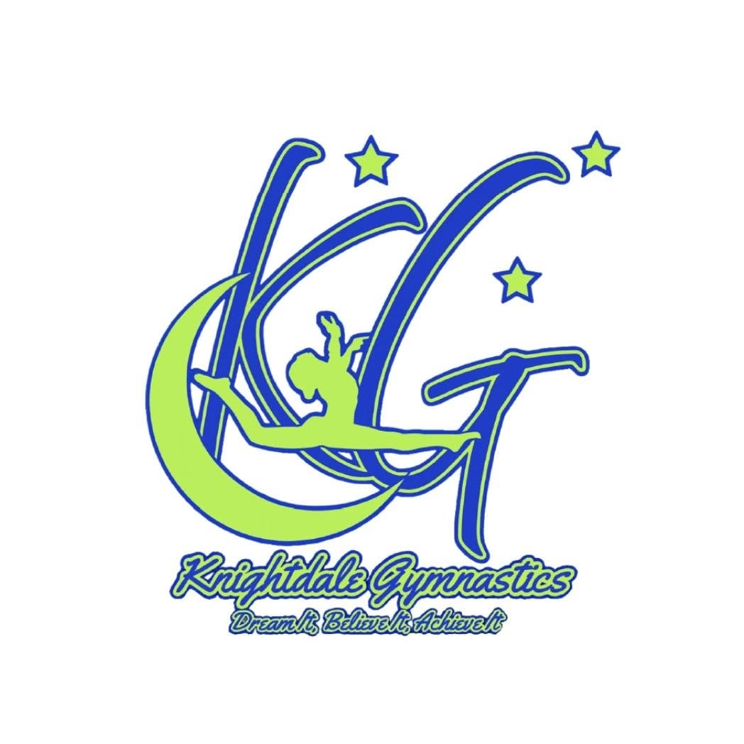 Logo with a gymnast on a swing, stars, and text reading 'Knightsdale Gymnastics' and 'Cranleigh, Basingstoke'.