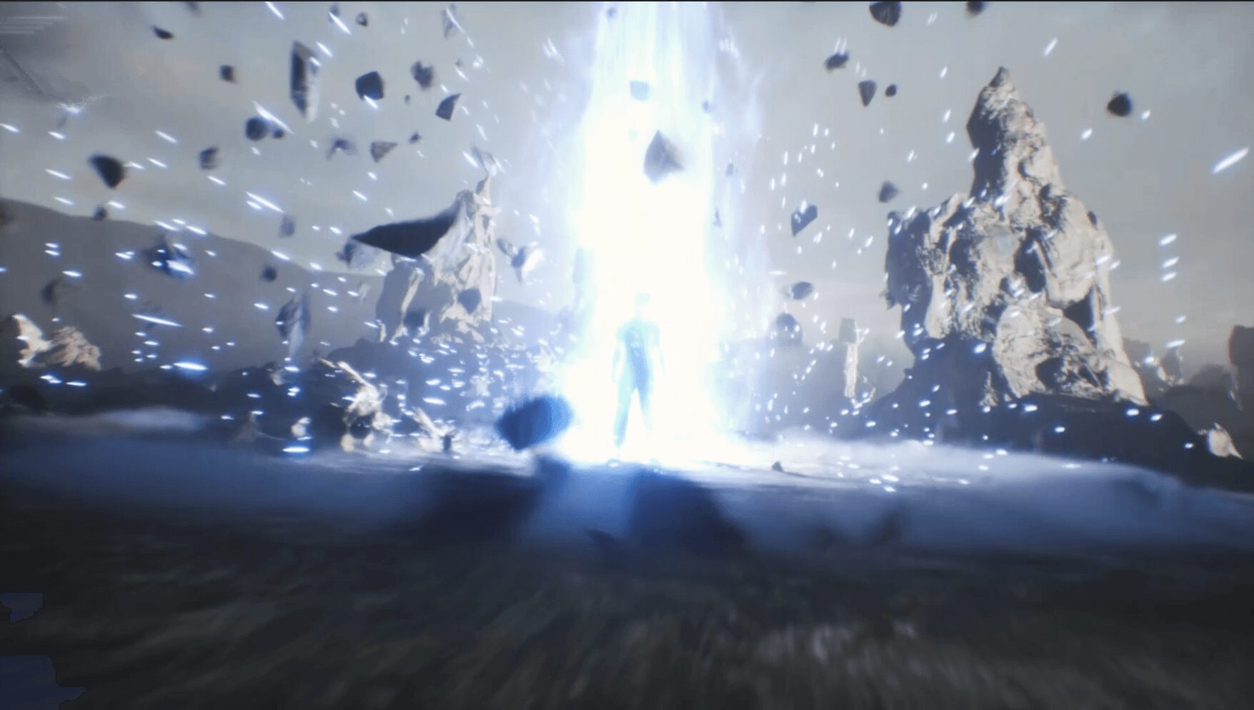 Bright explosion or energy burst with debris and rocks flying outward, against a cloudy sky background.