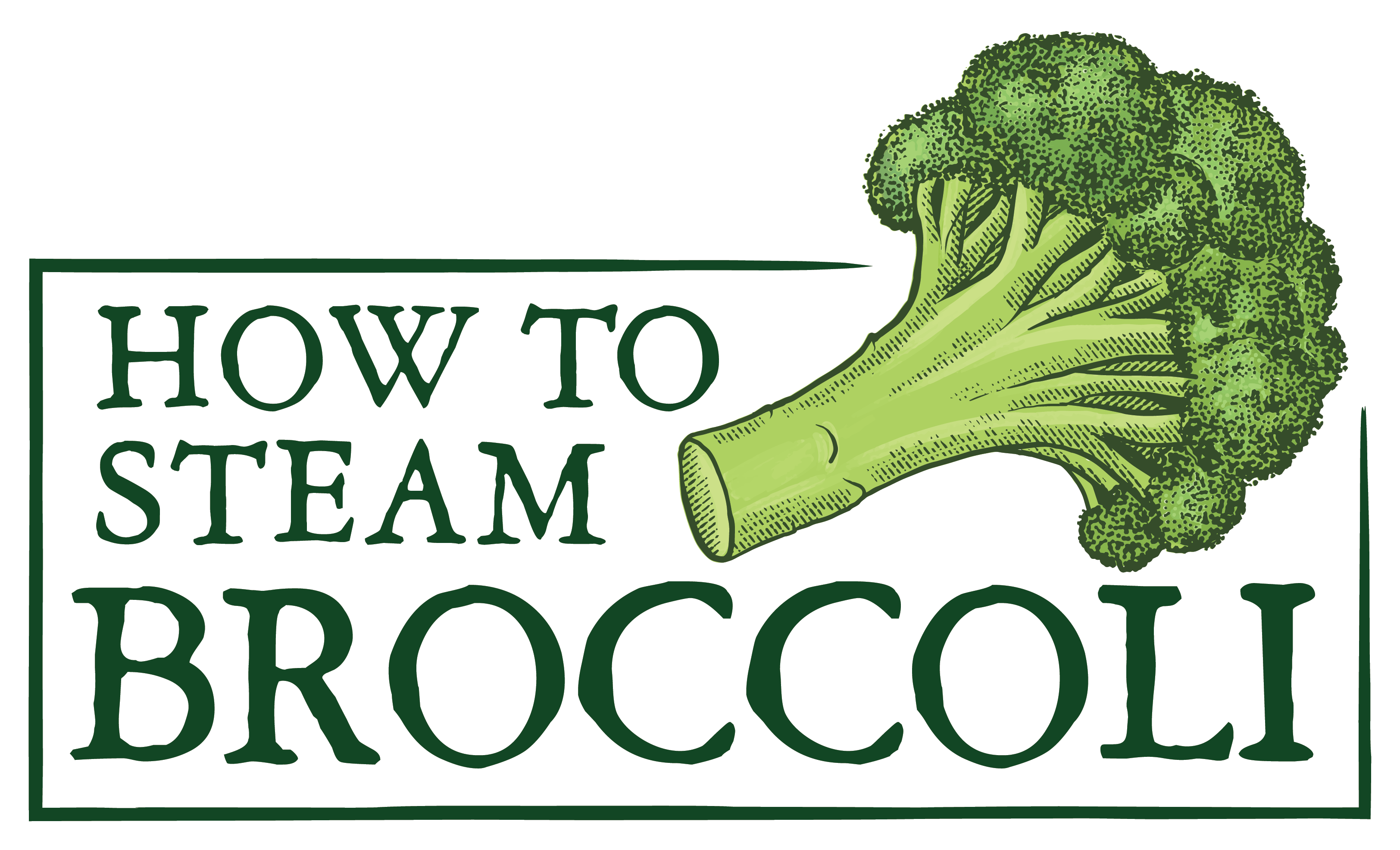 Text and illustration of broccoli with the phrase 'How to Steam Broccoli' in green on a white background.
