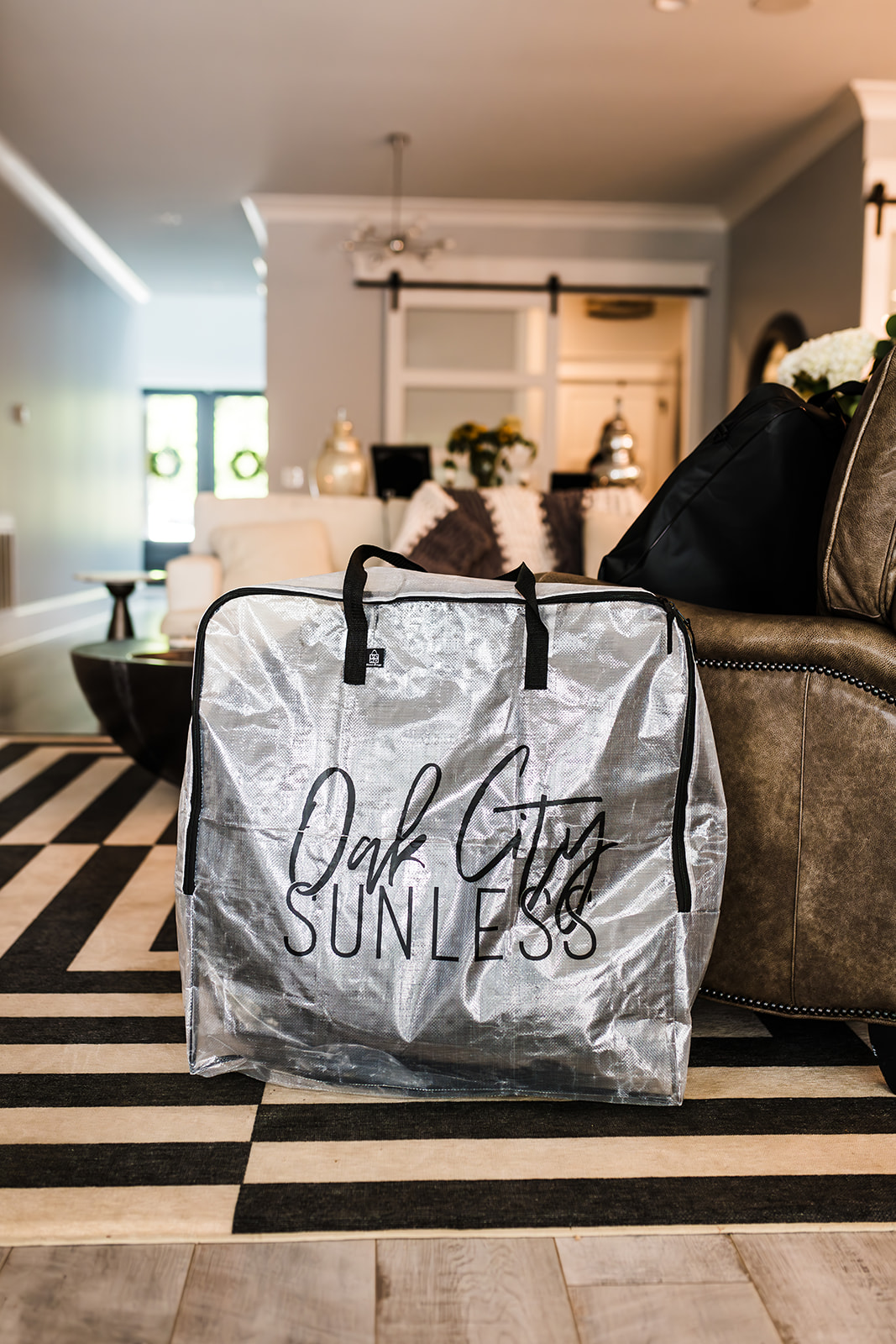 Large gray bag with black handles and text reading 'Dark Sun Sunless' on a black and white striped rug in a living room.