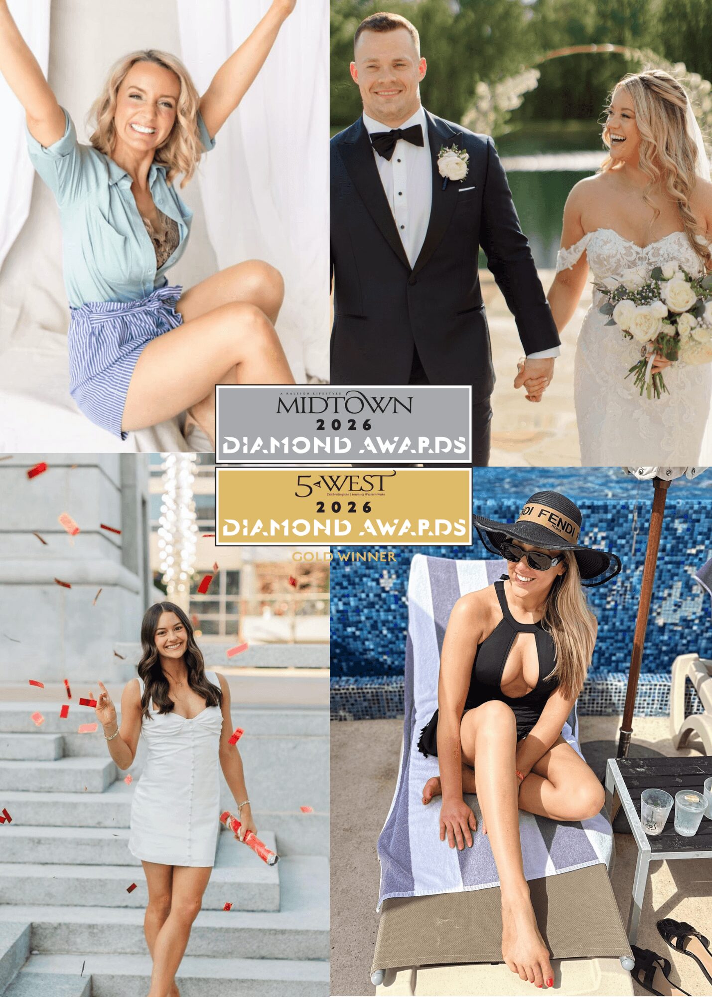 Four people at a wedding: a woman sitting on a bed, a couple in wedding attire, and a woman in a white dress on stairs, all outdoors.
