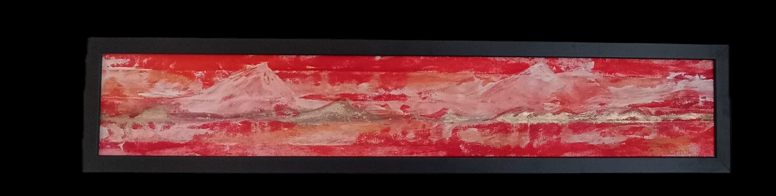 Horizontal abstract painting with red, pink, and white streaks, framed in black.