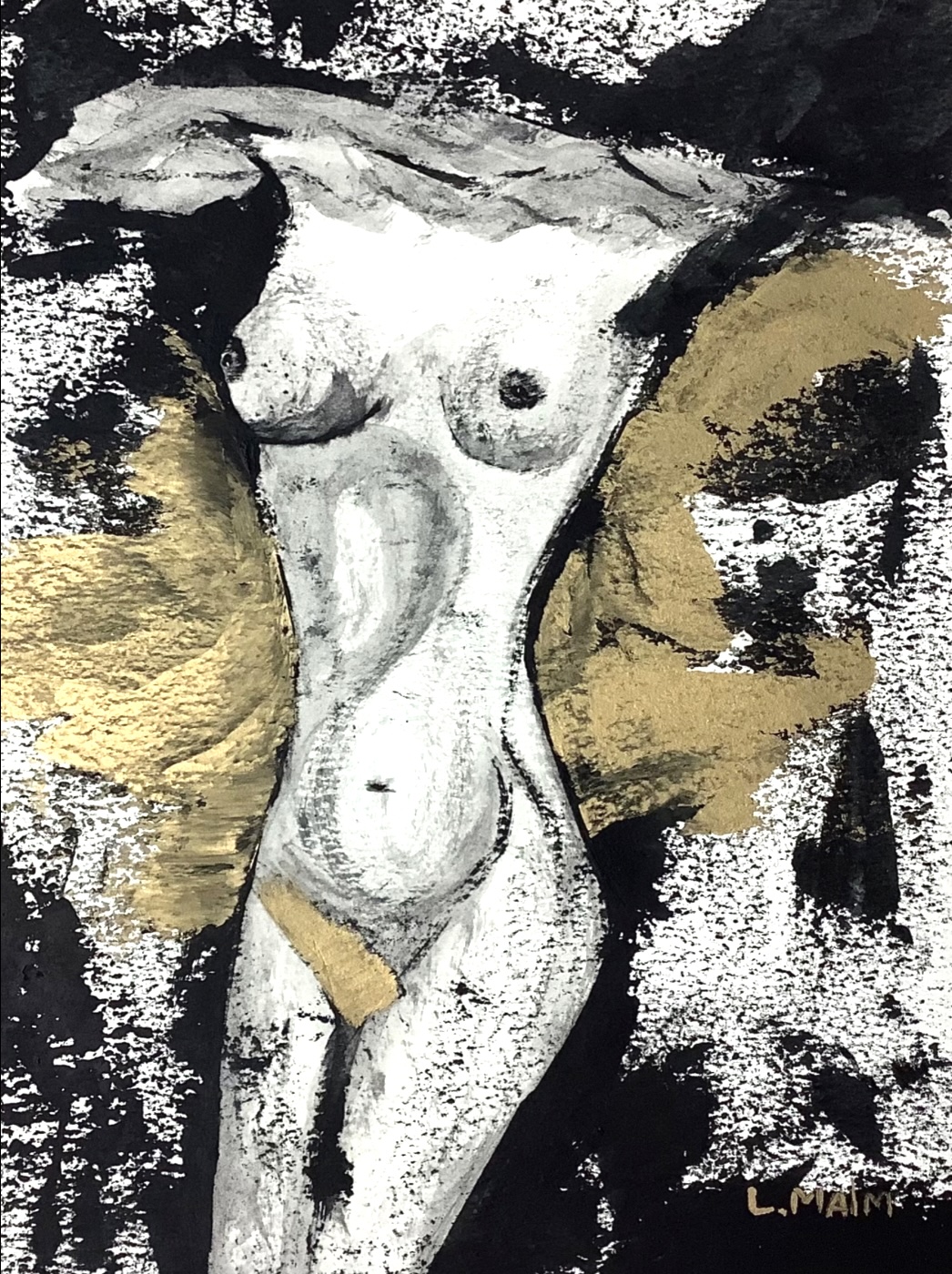 Abstract painting of a female torso with black, white, and gold colors, emphasizing curves and contours.