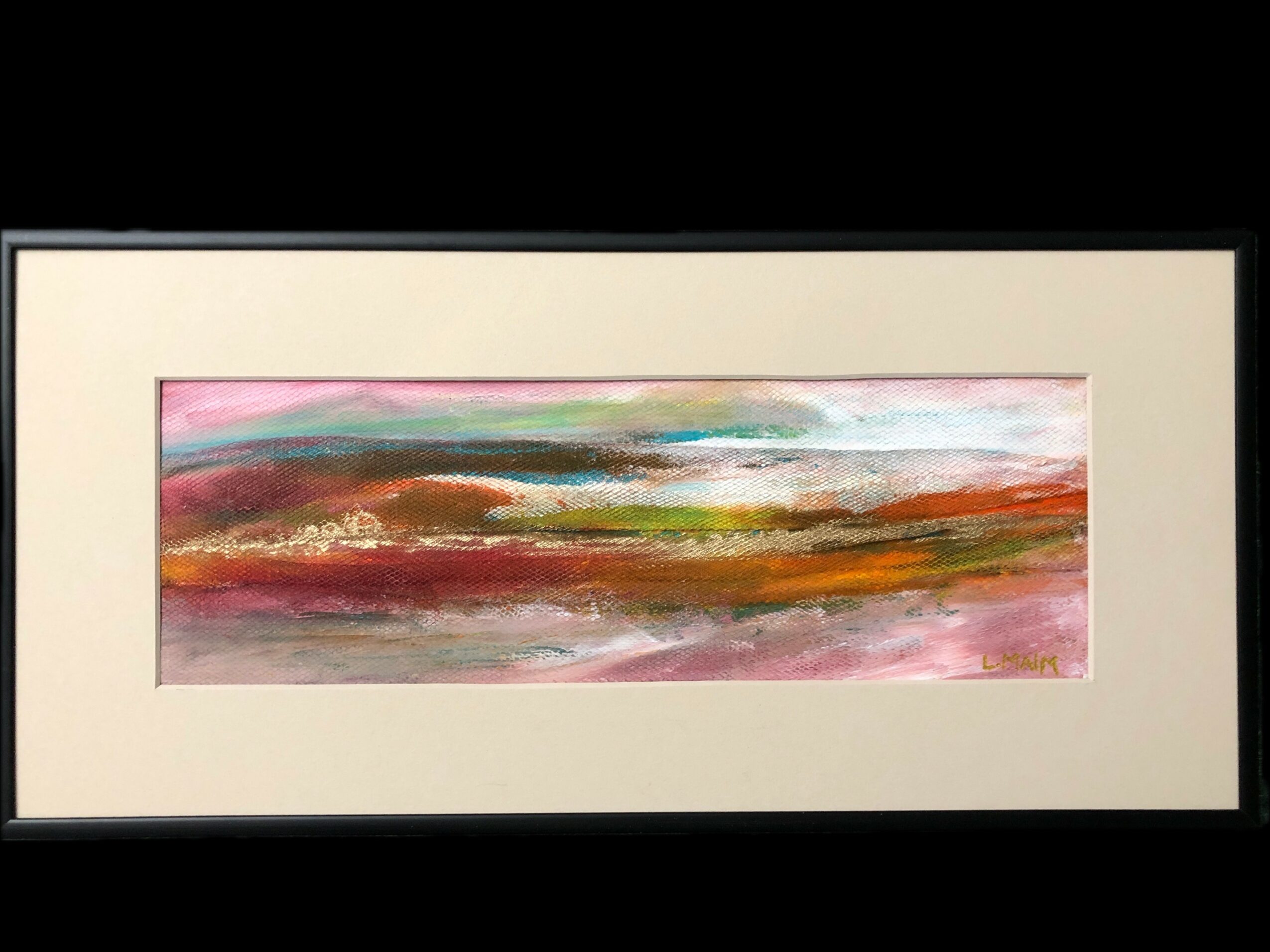 Horizontal abstract painting with pink, orange, brown, and green streaks, framed with a white mat and black border.