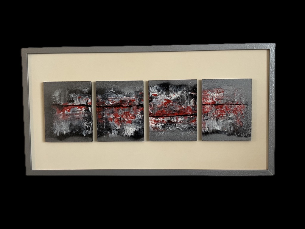 Four-panel abstract painting with black, gray, white, and red colors, framed and mounted on a black background.