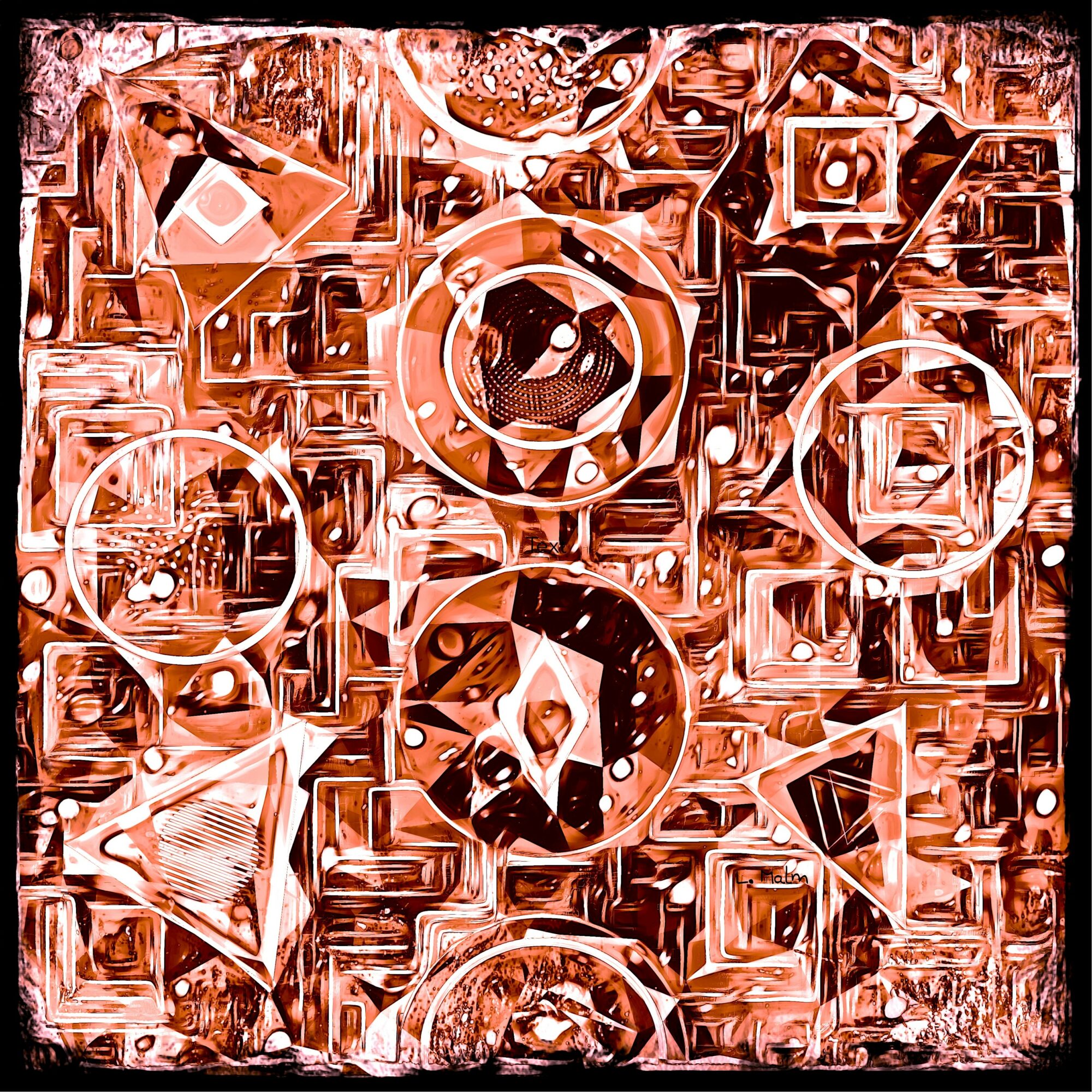 Abstract geometric pattern with various shapes and circles in a copper color palette.