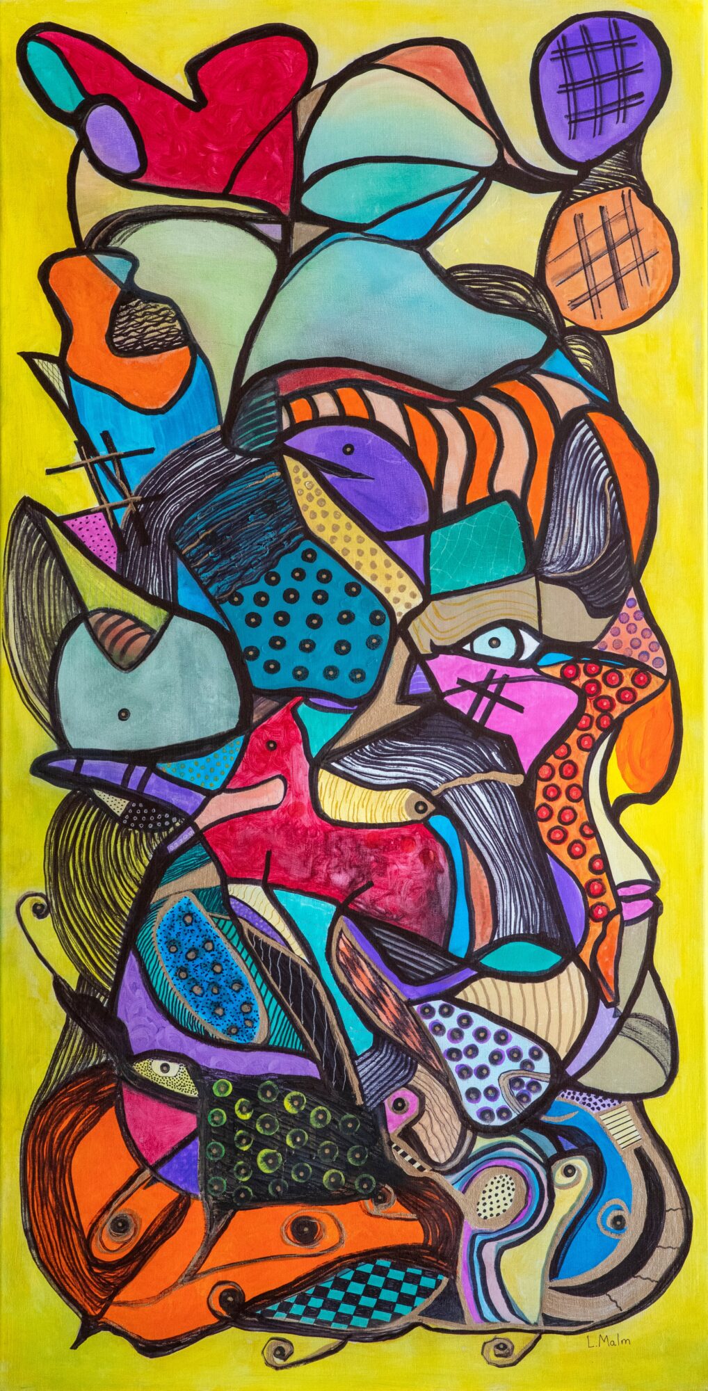 Colorful abstract shapes and patterns on a yellow background, resembling a collage of various designs and textures.