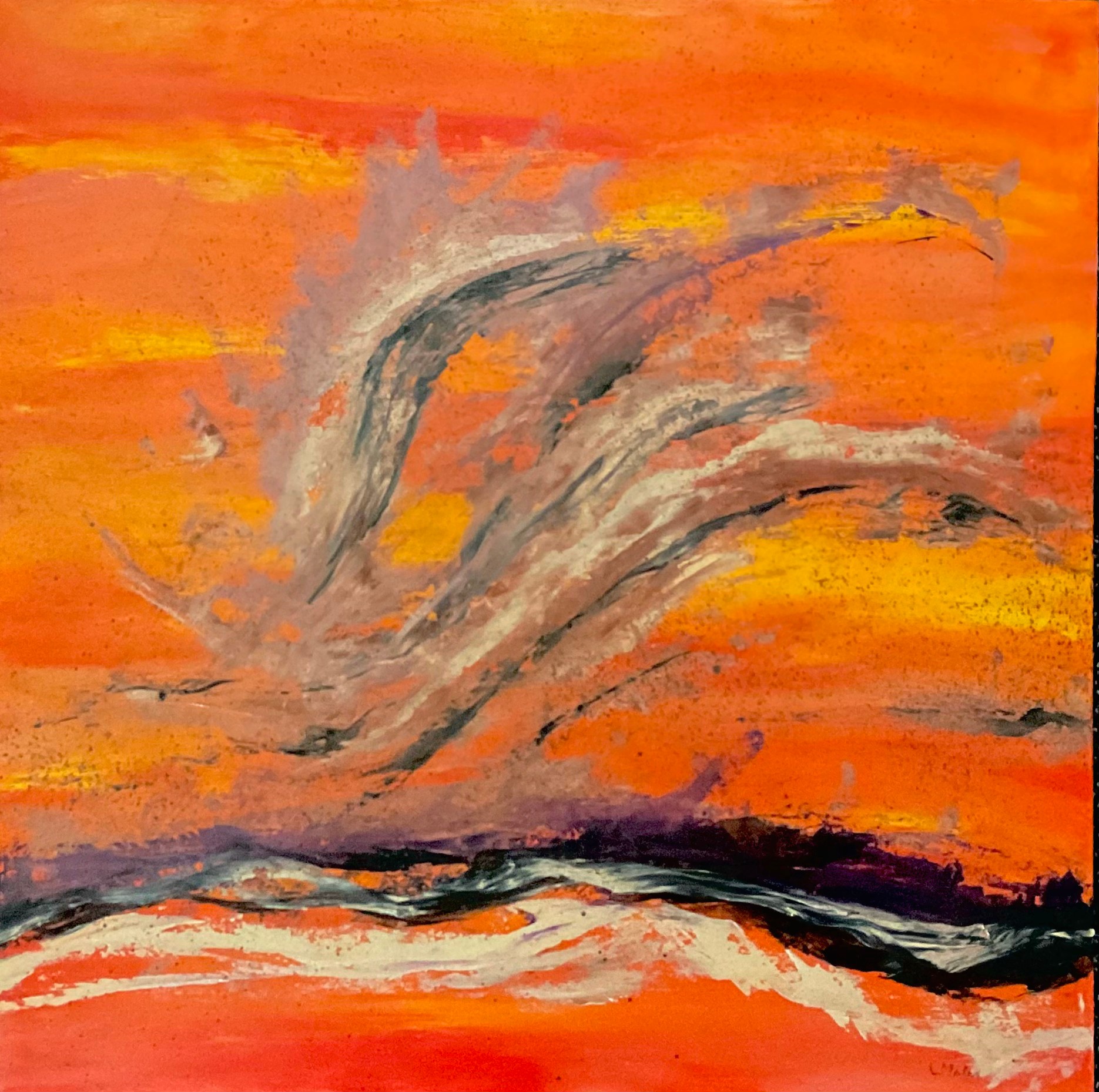 Abstract painting with orange, yellow, gray, and black colors, depicting swirling shapes and a horizon-like line.