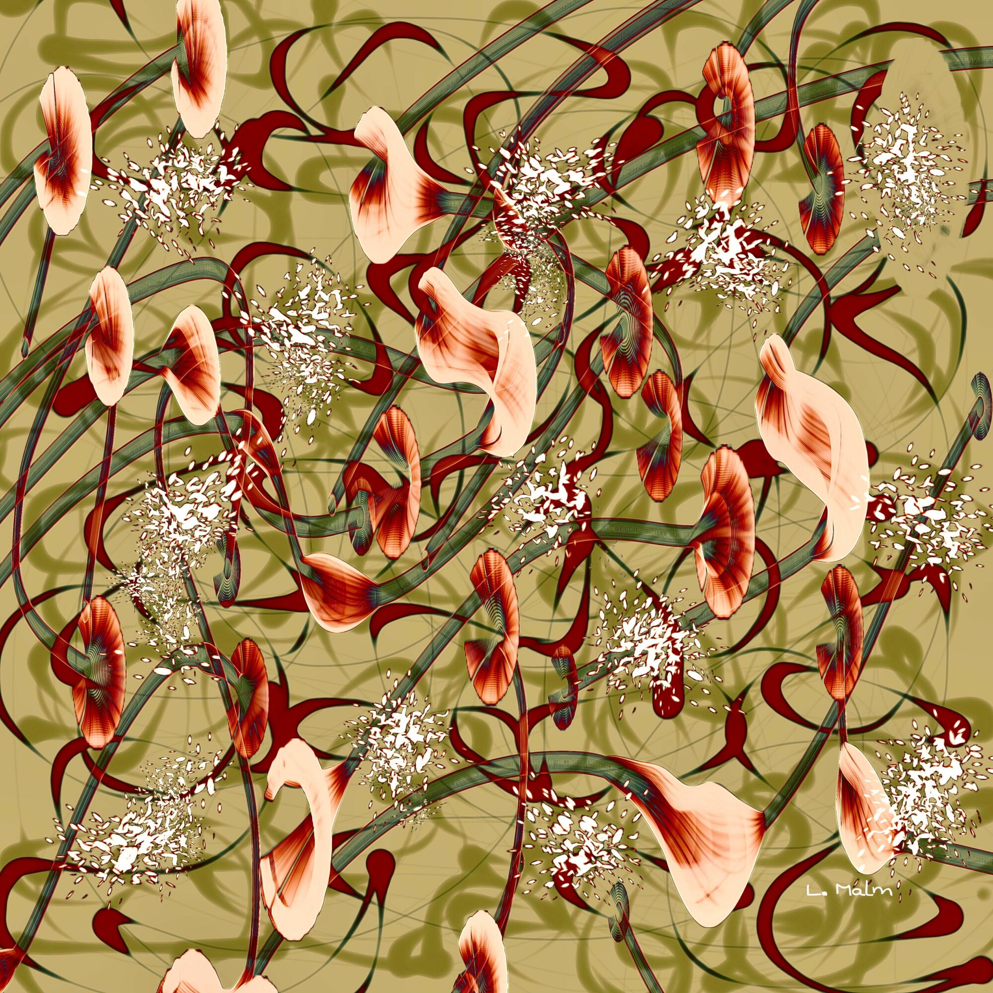 Pattern of red and cream flowers with green stems and white accents on a green background.