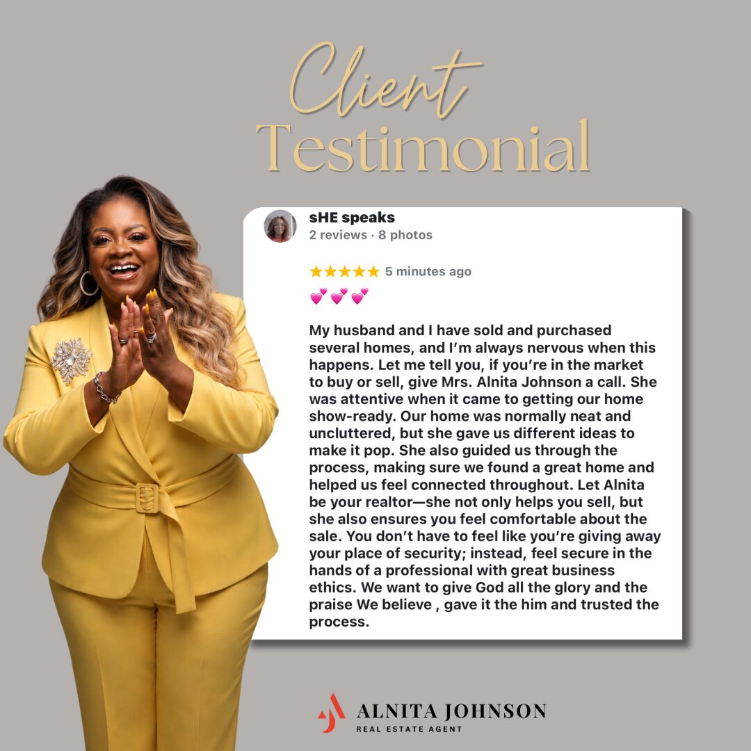 Woman in yellow dress smiling with hands clasped, testimonial text overlay, elegant background, gold text reading 'Client Testimonial'.