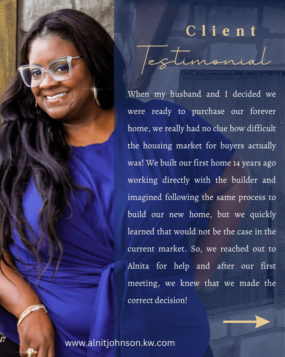 Woman with glasses and long dark hair smiling, wearing a blue top, standing next to a testimonial text on a blue background.