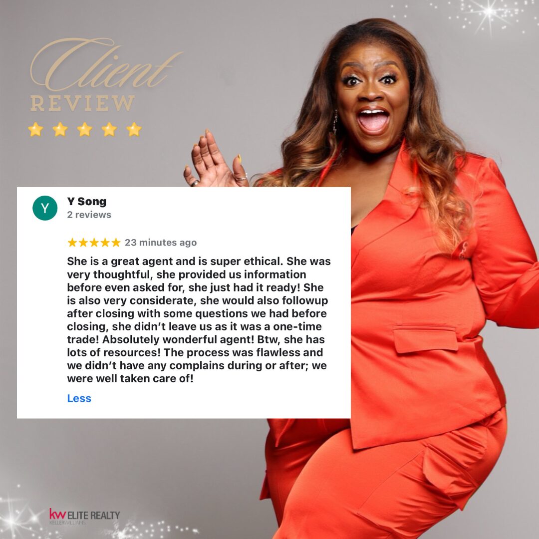 A woman with long hair wearing a red blazer, smiling and gesturing with her hand, against a gray background with text. Alt text word count: 20. Confidence: 0.9