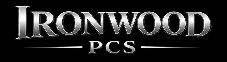 Logo with the text 'IRONWOOD PCS' in metallic style on a black background.