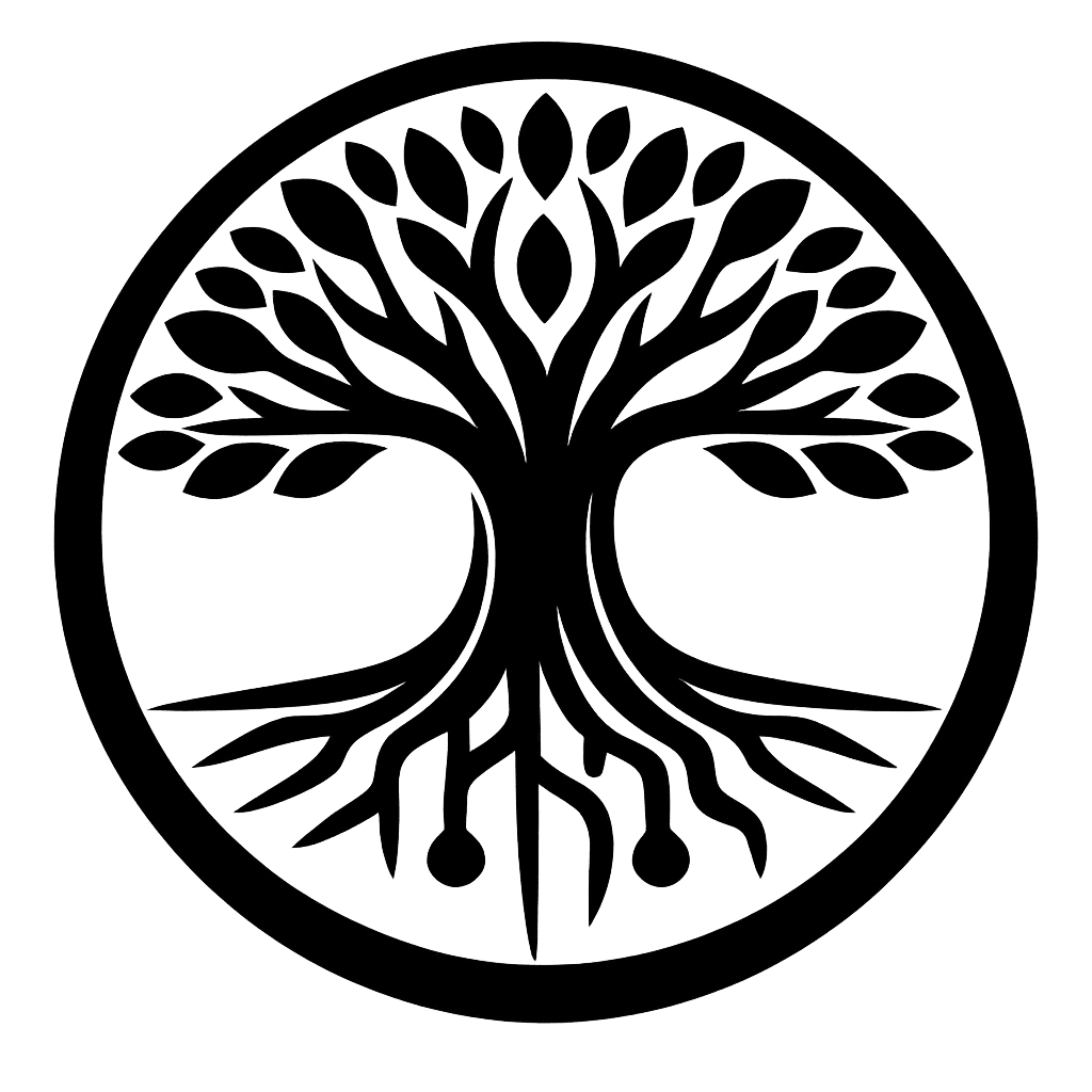 A circular logo with a tree design and text around the edge, all in black on a transparent background.