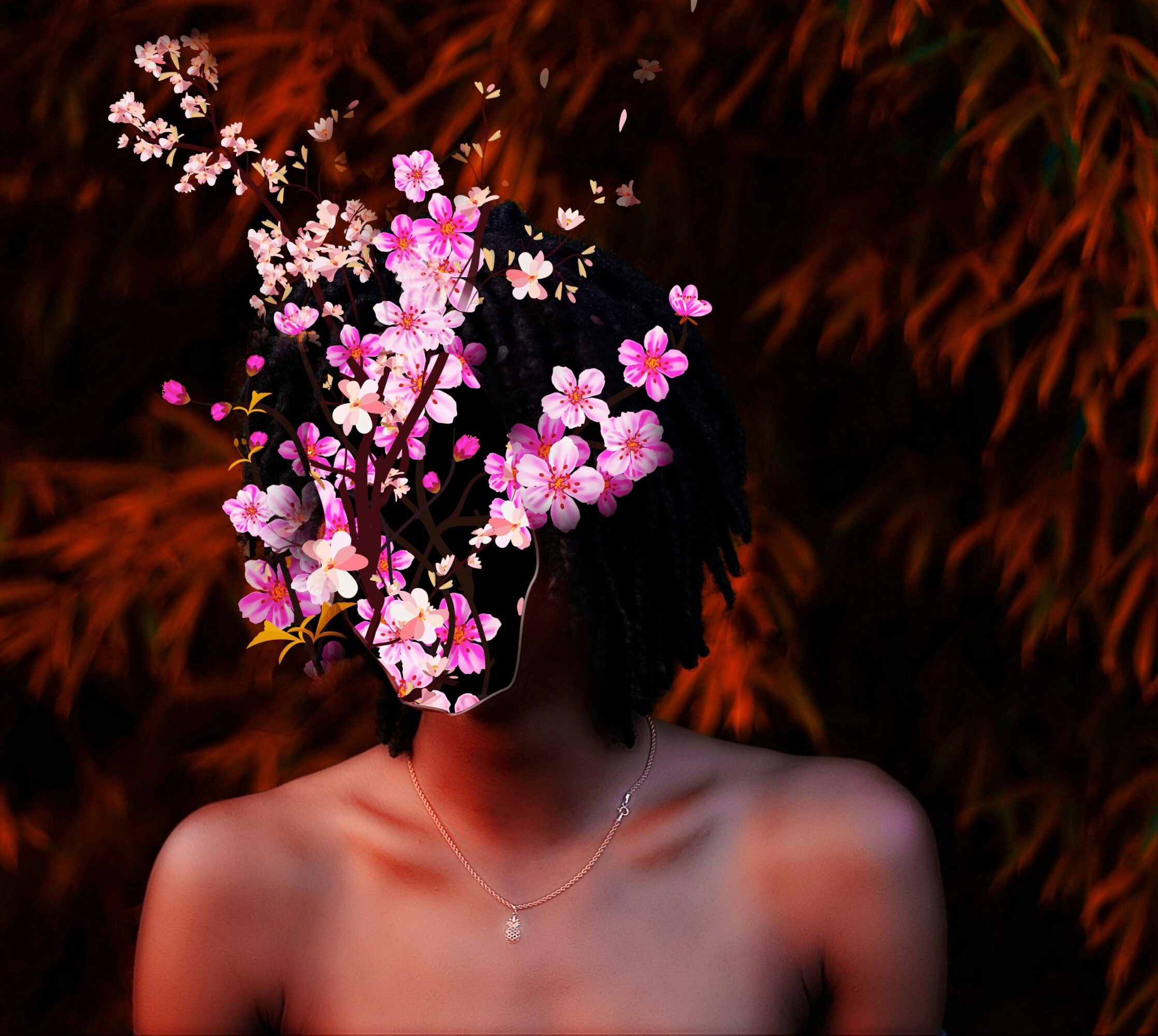Person with flowers covering face, dark background, bare shoulders, wearing a necklace.