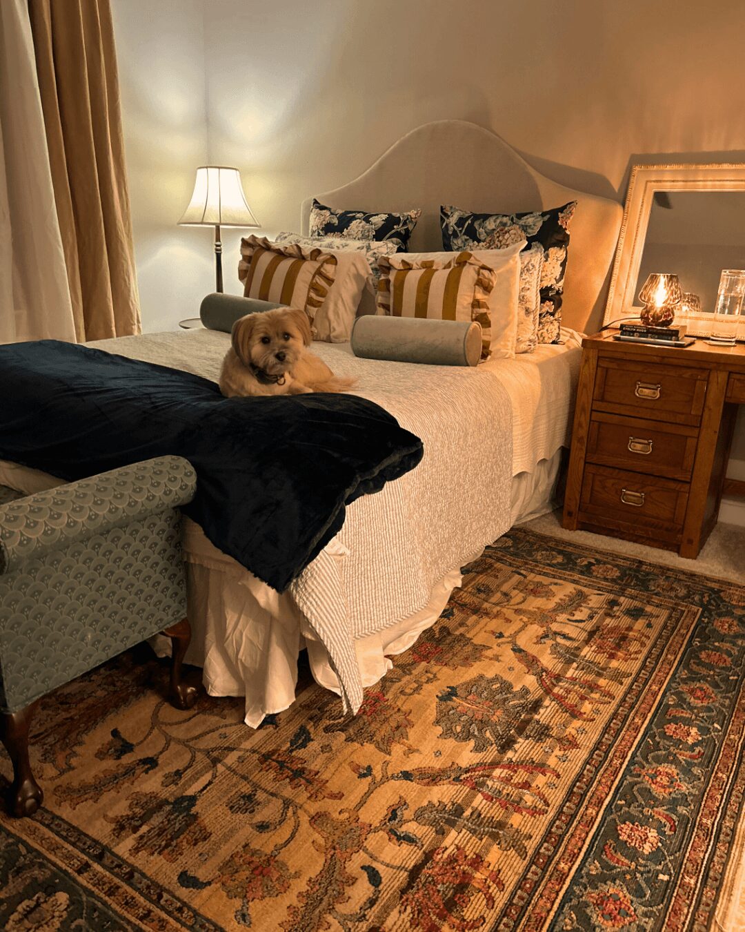 A cozy bedroom with a bed, pillows, a small dog, a nightstand with a lamp, and a patterned rug.