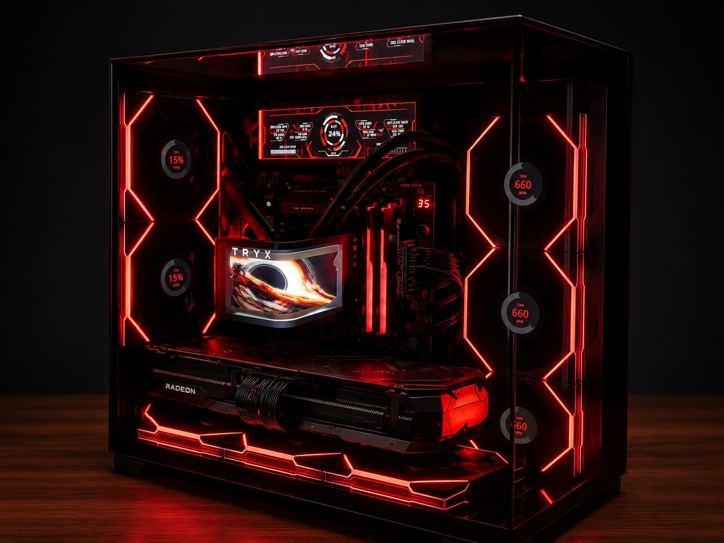 Gaming computer with red LED lighting, transparent side panel, and multiple fans inside, placed on a wooden surface.