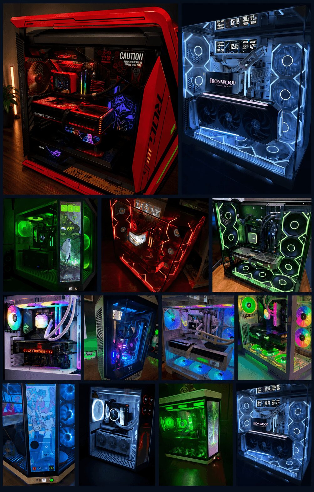 Multiple gaming PCs with colorful LED lighting, transparent cases, and intricate internal components displayed in a collage.