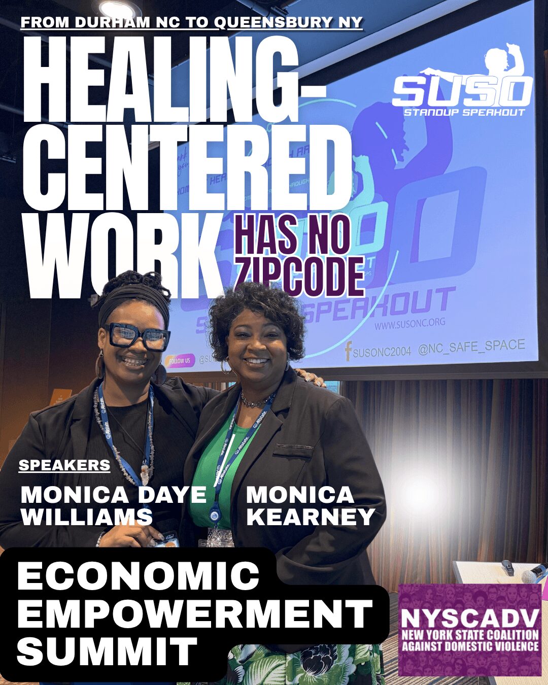 Two women smiling in front of a presentation screen at a conference, with text about healing-centered work and economic empowerment.