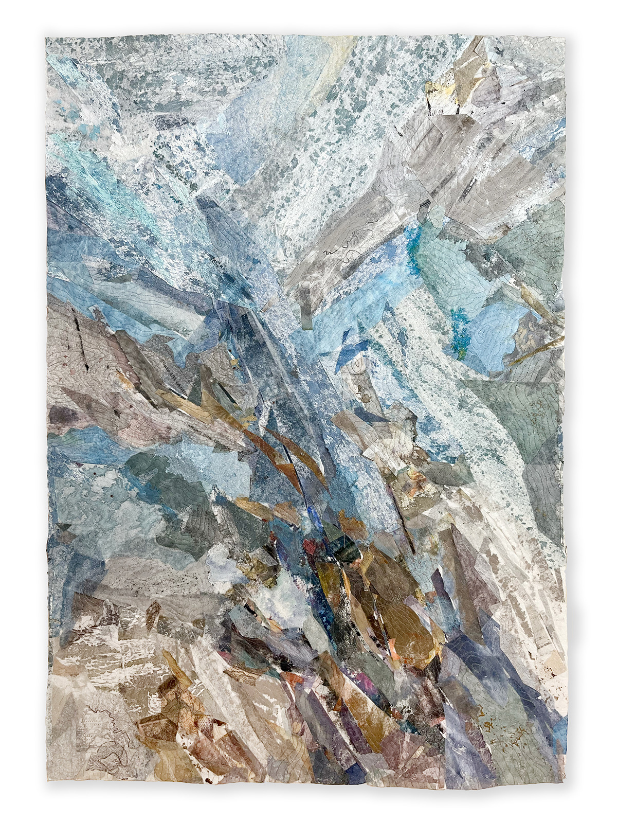 Abstract painting with blue, gray, and brown brushstrokes creating a textured pattern.