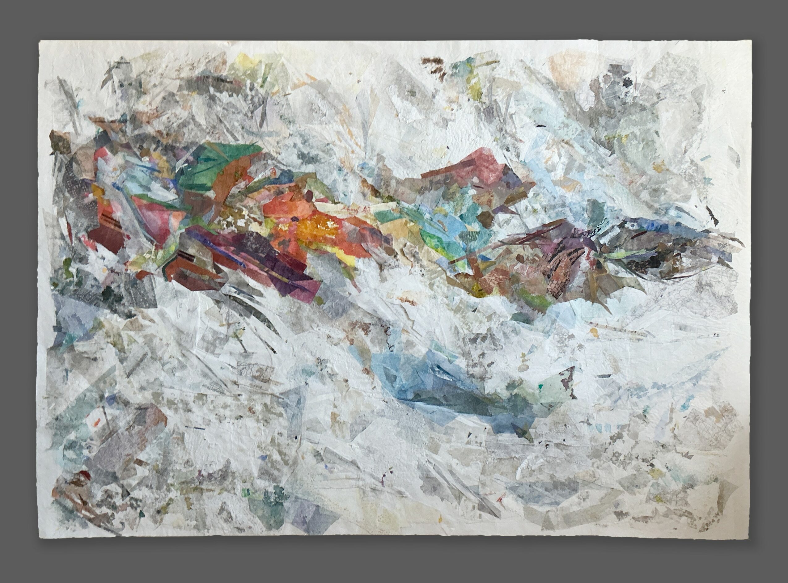 Abstract painting with colorful brushstrokes on a light background.