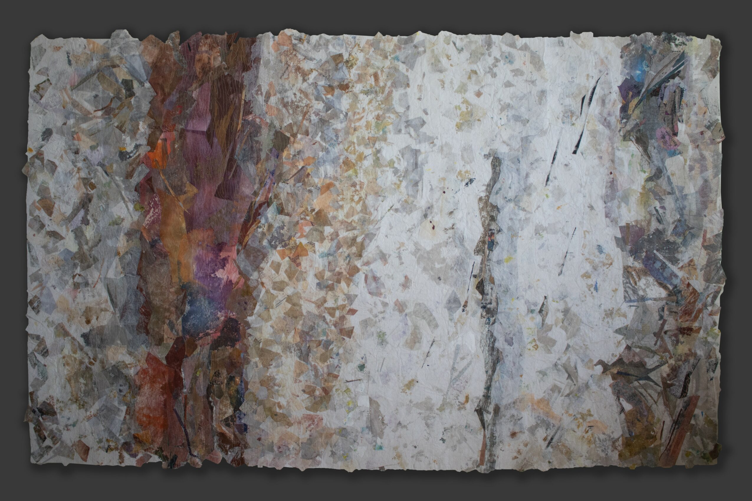 Abstract painting with textured, layered colors including white, brown, purple, and gray, with rough, uneven edges.