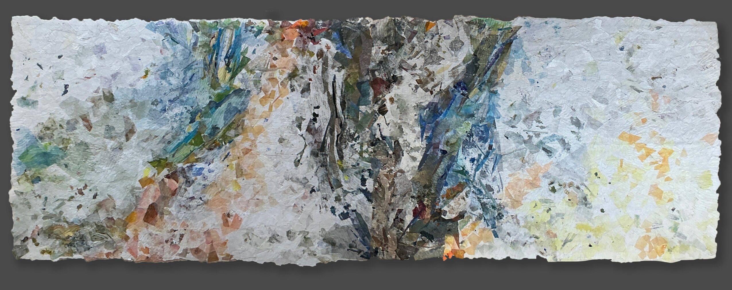 Abstract painting with various colors and textures on a rectangular canvas.
