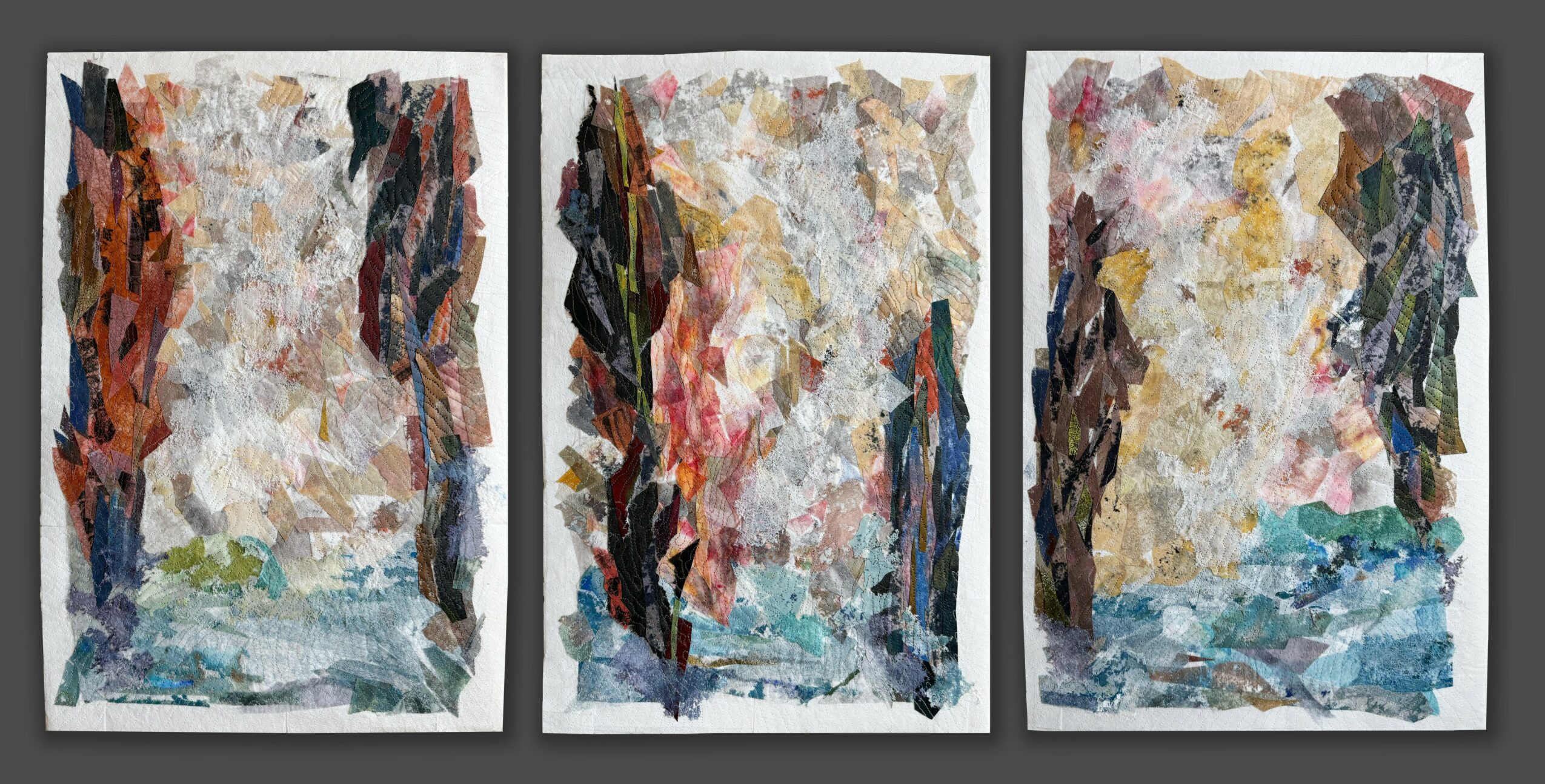 Three abstract paintings with textured brushstrokes and a mix of colors, displayed side by side.