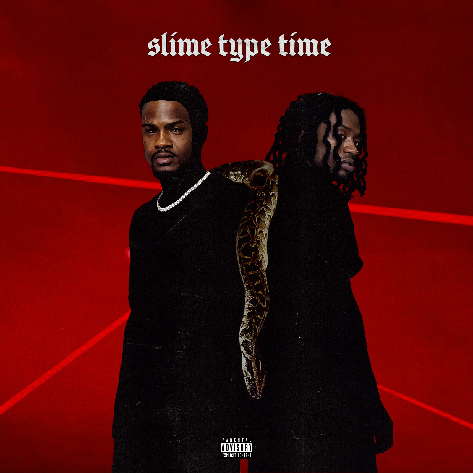 Two men stand against a red background with red lines, with text 'slime type time' above them.