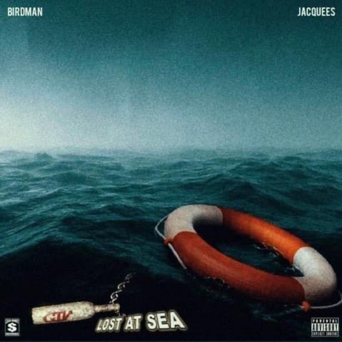 Lifebuoy floating on the sea with a buoy and a chain, over a vast ocean under a cloudy sky.