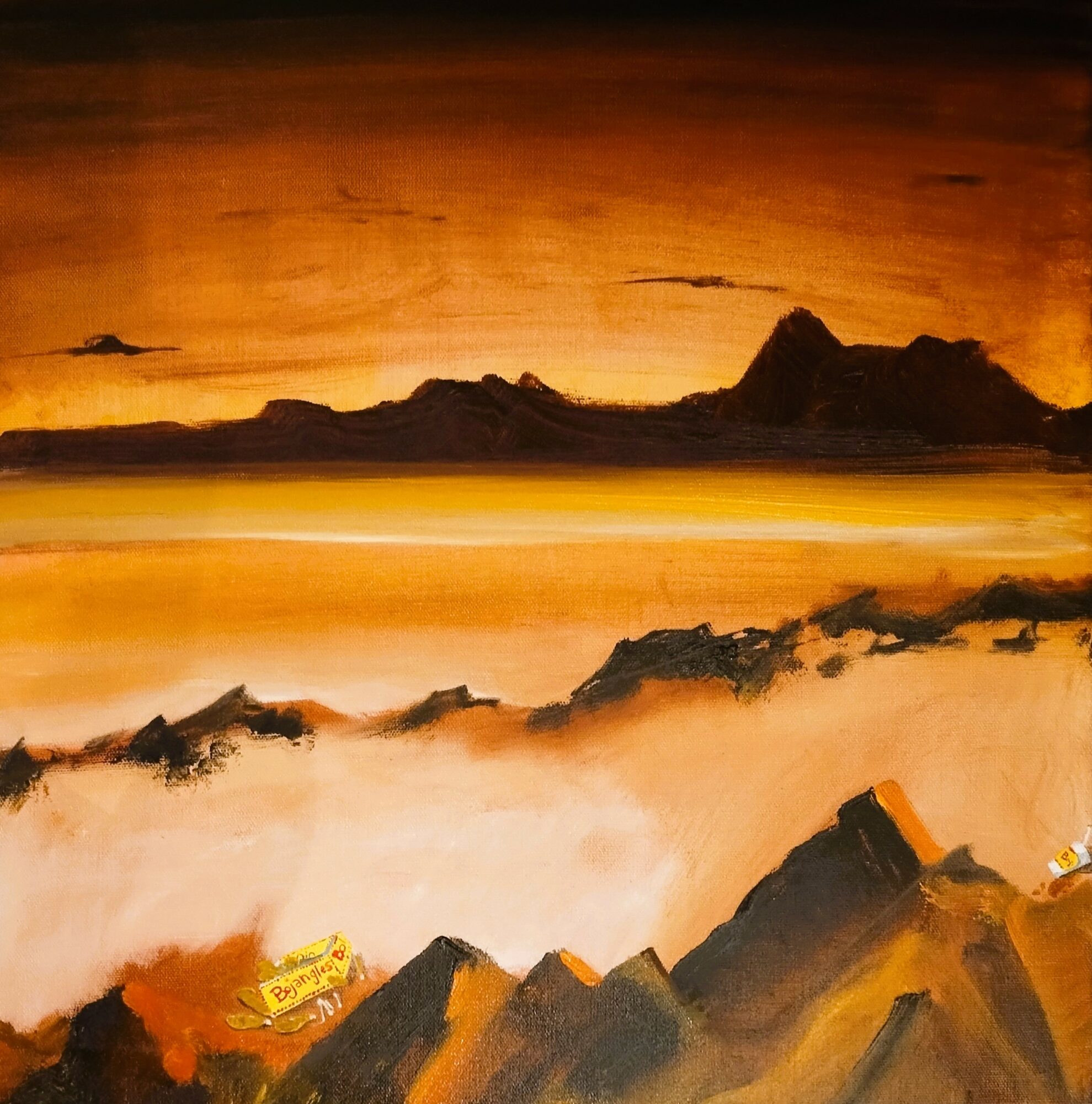 Landscape painting of mountains and sky with warm orange and yellow tones, reflecting on a body of water.