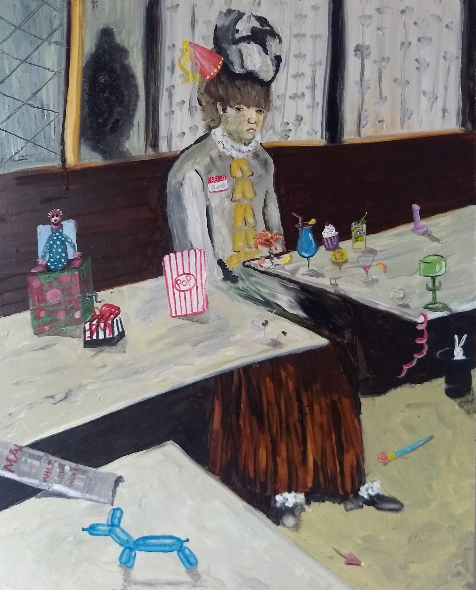 Child wearing a party hat and mask, standing at a table with presents and decorations, with a piano nearby.